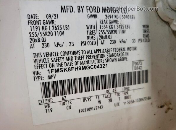 1FMSK8FH9MGC04321 2021 FORD EXPLORER White VIN sticker view
