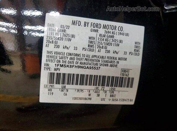 1FMSK8FH9NGA95537 2022 FORD EXPLORER Black VIN sticker view