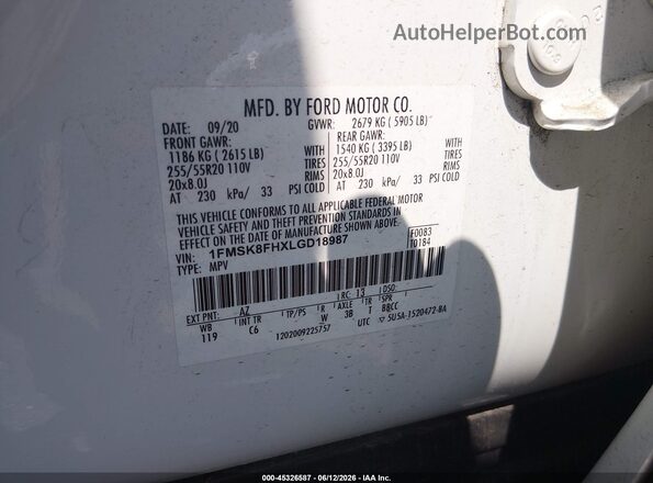 1FMSK8FHXLGD18987 2020 FORD EXPLORER White Vista del compartimento del motor