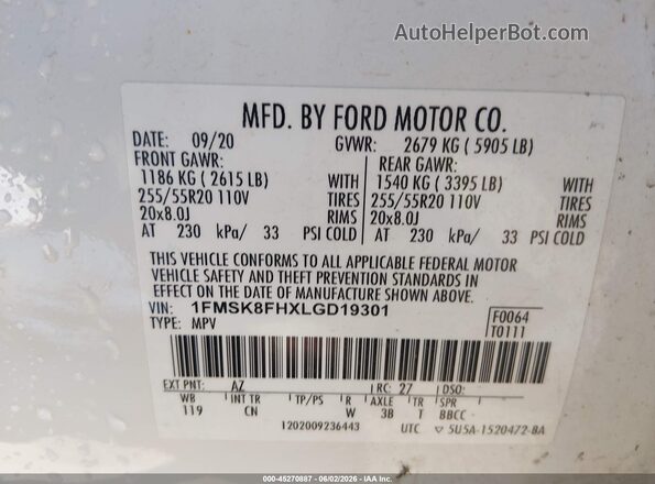 1FMSK8FHXLGD19301 2020 FORD EXPLORER White Widok komory silnika