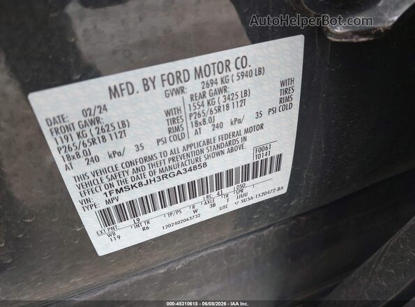 1FMSK8JH3RGA34858 2024 FORD EXPLORER Gray Շարժիչի բաժամունքի տեսք