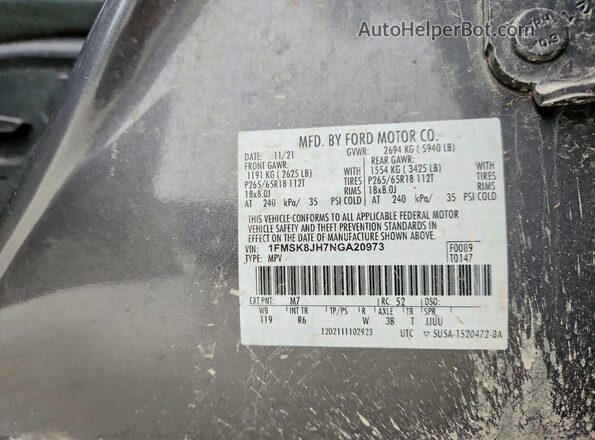 1FMSK8JH7NGA20973 2022 FORD EXPLORER Gray Vista de la etiqueta del VIN