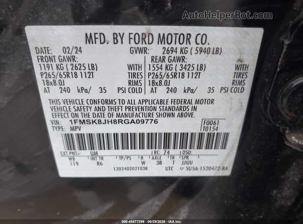 1FMSK8JH8RGA09776 2024 FORD EXPLORER Black Widok komory silnika