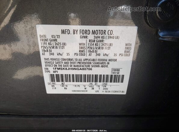 1FMSK8JH9NGA80706 2022 FORD EXPLORER Gray Vista del compartimento del motor