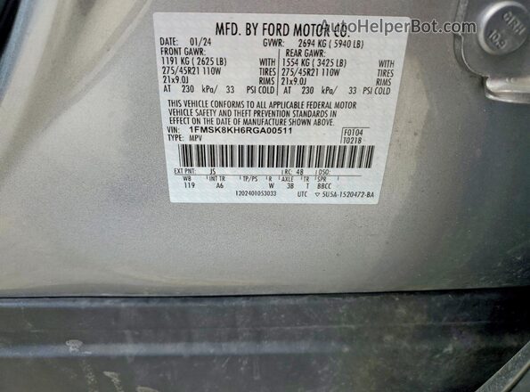 1FMSK8KH6RGA00511 2024 FORD EXPLORER Silver VIN sticker view
