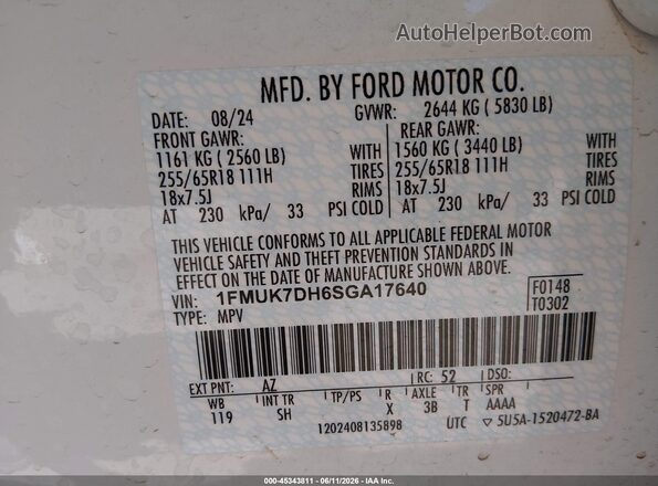 1FMUK7DH6SGA17640 2025 FORD EXPLORER Белый Вид подкапотного пространства