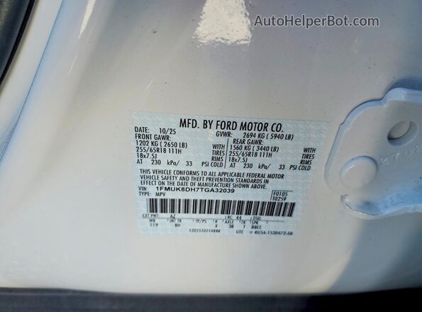 1FMUK8DH7TGA32039 2026 FORD EXPLORER White VIN კოდის სტიკერის ხედი