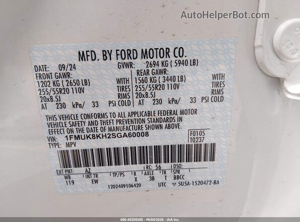 1FMUK8KH2SGA60008 2025 FORD EXPLORER White Вид підкапотного простору