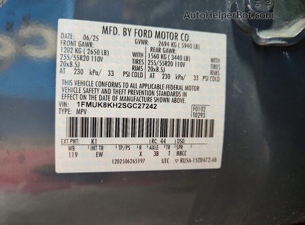 1FMUK8KH2SGC27242 2025 FORD EXPLORER Угольный Вид наклейки с VIN-кодом