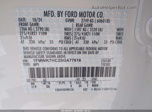 1FMWK7HC2SGA77616 2025 FORD EXPLORER White Vista del compartimento del motor