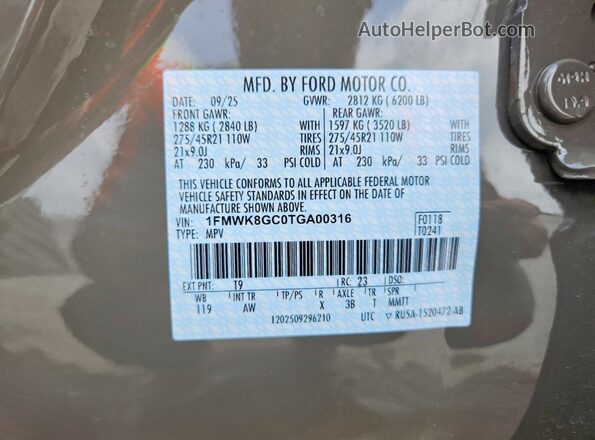 1FMWK8GC0TGA00316 2026 FORD EXPLORER Tan Вид наклейки з VIN-кодом