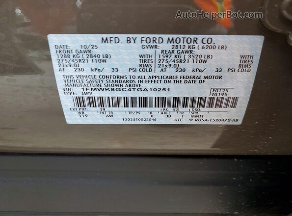 1FMWK8GC4TGA10251 2026 FORD EXPLORER Gray VIN კოდის სტიკერის ხედი