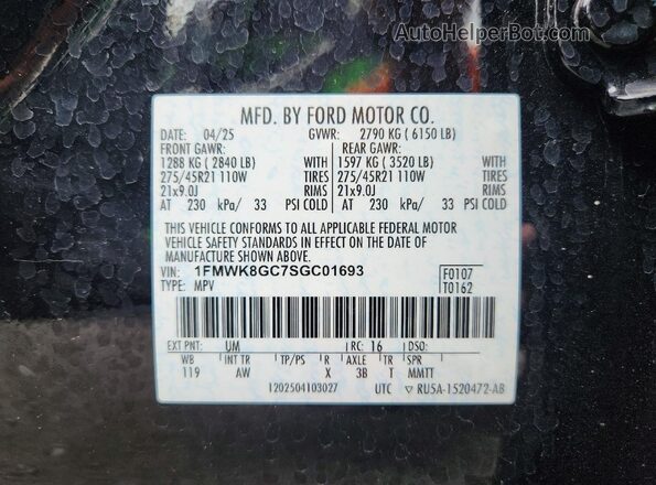 1FMWK8GC7SGC01693 2025 FORD EXPLORER Black Սալոնի 360 աստիճան տեսք