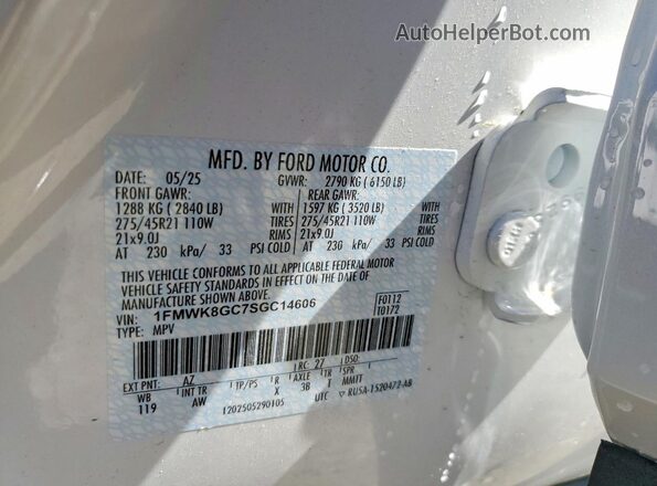 1FMWK8GC7SGC14606 2025 FORD EXPLORER Белый Вид наклейки с VIN-кодом