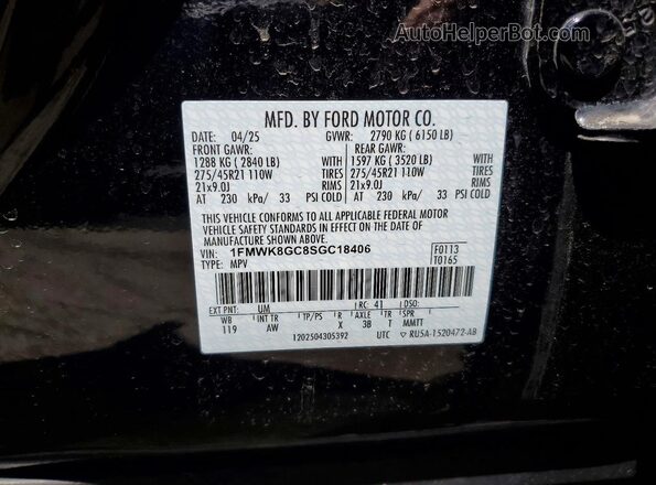 1FMWK8GC8SGC18406 2025 FORD EXPLORER Черный Вид наклейки с VIN-кодом