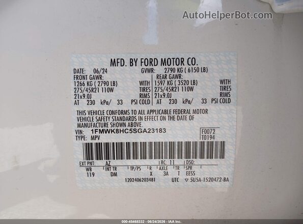1FMWK8HC5SGA23183 2025 FORD EXPLORER Белый Вид подкапотного пространства