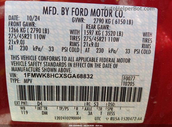 1FMWK8HCXSGA68832 2025 FORD EXPLORER Red Вид підкапотного простору