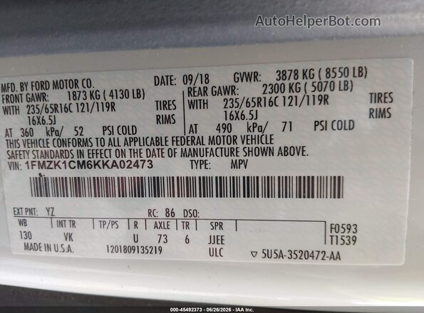 1FMZK1CM6KKA02473 2019 FORD TRANSIT-150 Белый Вид подкапотного пространства