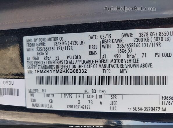 1FMZK1YM2KKB08332 2019 FORD TRANSIT-150 Black Vista del compartimento del motor