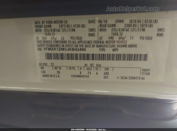 1FMZK1ZM3JKB42499 2018 FORD TRANSIT-150 White Engine compartment view