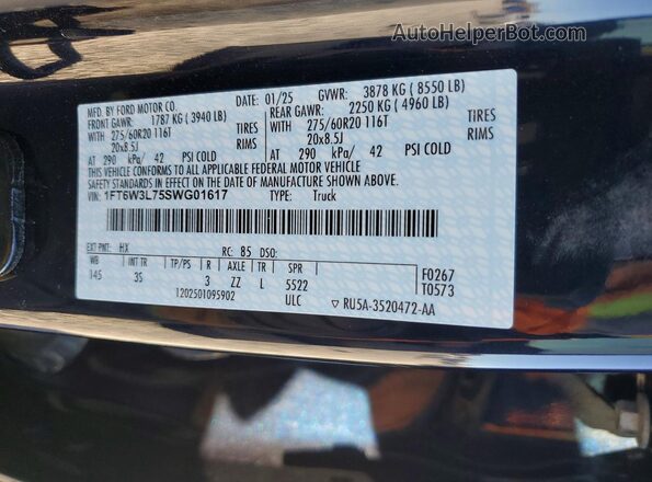 1FT6W3L75SWG01617 2025 FORD F150 Blue Vista de la etiqueta del VIN