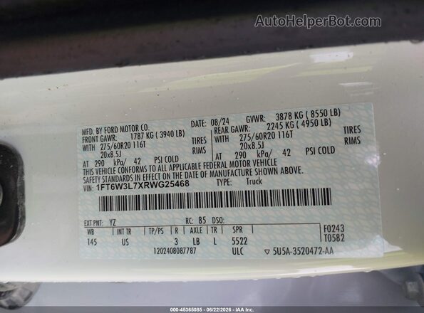 1FT6W3L7XRWG25468 2024 FORD F-150 LIGHTNING White Շարժիչի բաժամունքի տեսք