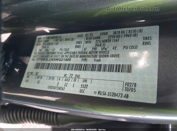 1FT6W3LUXSWG21495 2025 FORD F-150 LIGHTNING Gray Vista del compartimento del motor