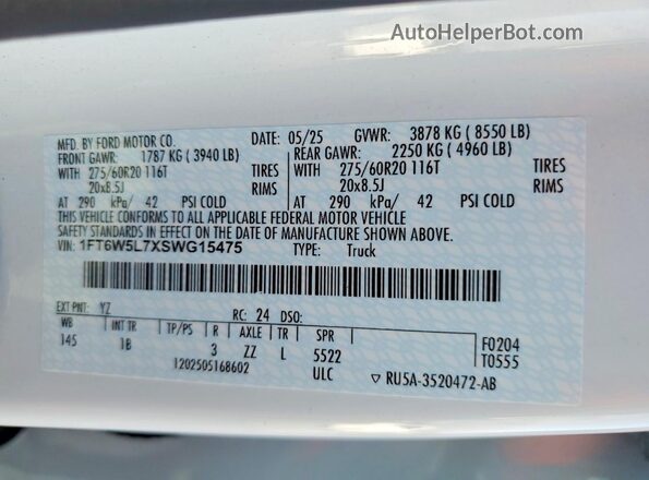 1FT6W5L7XSWG15475 2025 FORD F150 Белый Вид подкапотного пространства