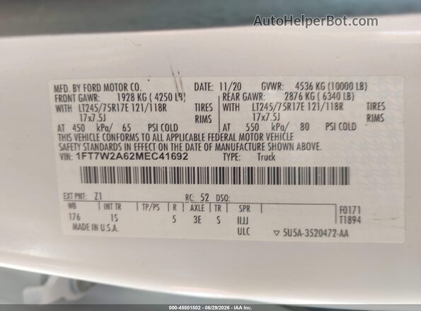 1FT7W2A62MEC41692 2021 FORD F-250 White Widok komory silnika