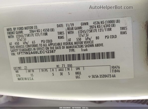 1FT7W2A68LEC12387 2020 FORD F-250 White Engine compartment view