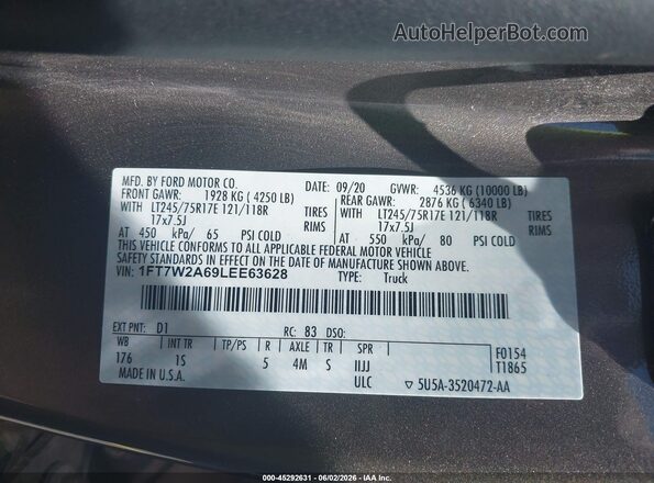 1FT7W2A69LEE63628 2020 FORD F-250 Gray 