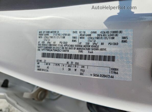 1FT7W2AT0KEC13070 2019 FORD F250 White Շարժիչի բաժամունքի տեսք