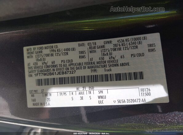 1FT7W2B61JEB87327 2018 FORD F-250 Black VIN კოდის სტიკერის ხედი