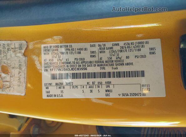 1FT7W2B63JEC83556 2018 FORD F-250 Yellow ძრავის განყოფილების ხედი