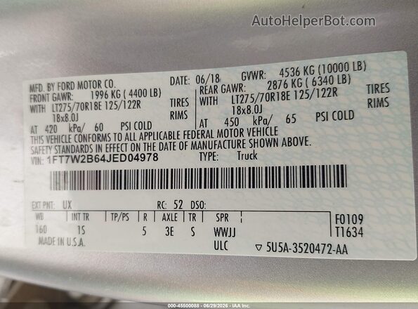 1FT7W2B64JED04978 2018 FORD F-250 Silver ძრავის განყოფილების ხედი