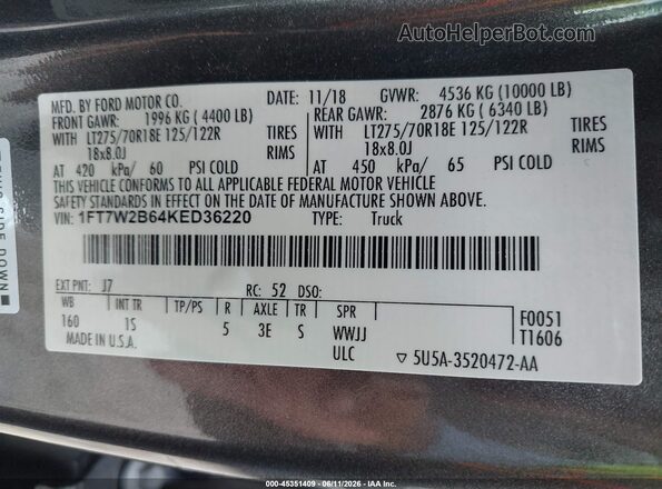1FT7W2B64KED36220 2019 FORD F-250 Gray Vista del compartimento del motor