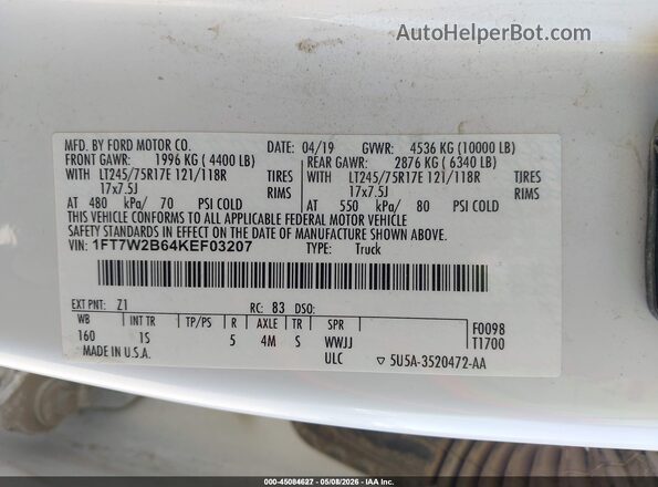 1FT7W2B64KEF03207 2019 FORD F-250 White 