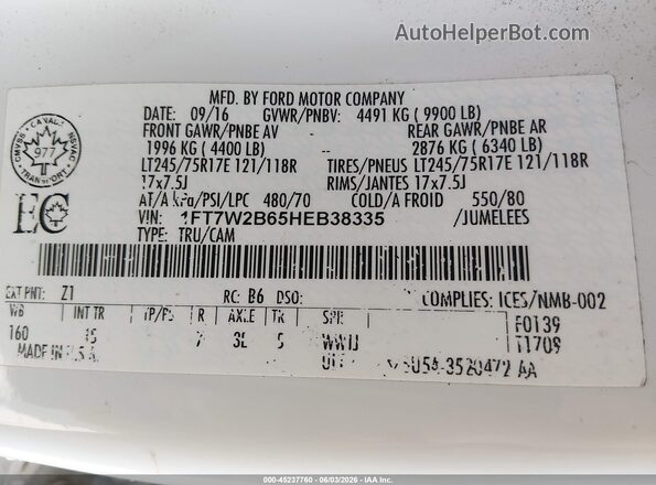 1FT7W2B65HEB38335 2017 FORD F-250 White Vista del compartimento del motor