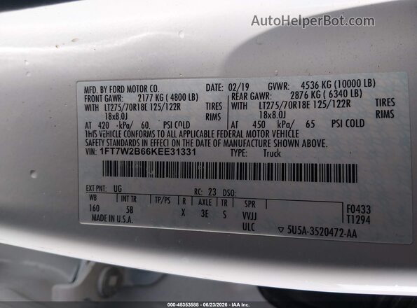 1FT7W2B66KEE31331 2019 FORD F-250 Белый Вид подкапотного пространства