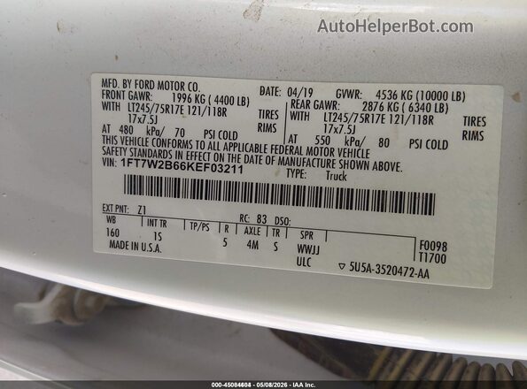 1FT7W2B66KEF03211 2019 FORD F-250 White 
