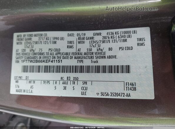 1FT7W2B66KEF41151 2019 FORD F-250 Кремовый Вид подкапотного пространства