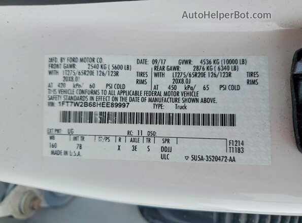 1FT7W2B68HEE89997 2017 FORD F250 White Widok naklejki z numerem VIN