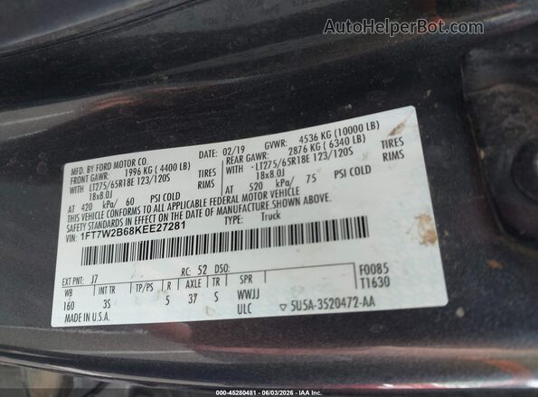 1FT7W2B68KEE27281 2019 FORD F-250 Gray Вид підкапотного простору