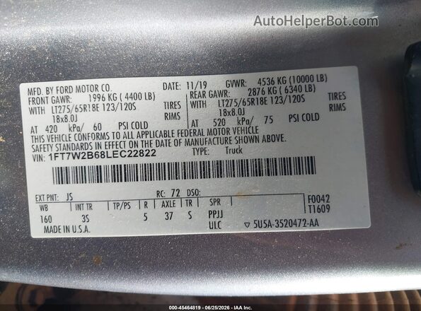 1FT7W2B68LEC22822 2020 FORD F-250 Silver ძრავის განყოფილების ხედი