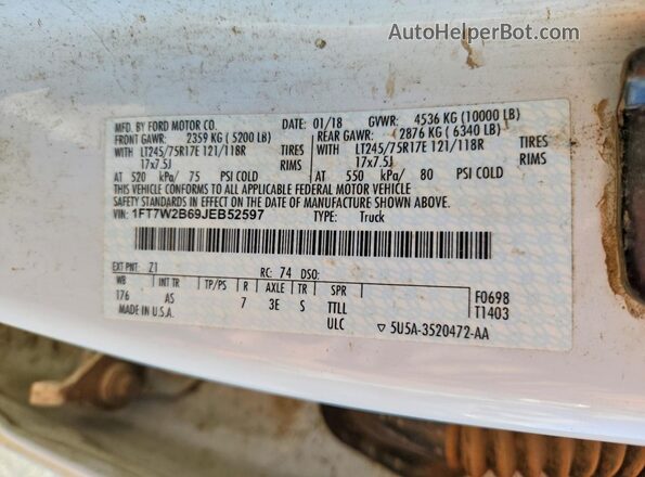 1FT7W2B69JEB52597 2018 FORD F250 White VIN sticker view
