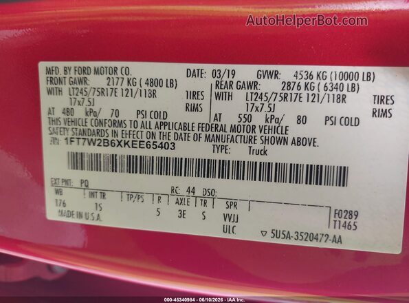 1FT7W2B6XKEE65403 2019 FORD F-250 Red Շարժիչի բաժամունքի տեսք