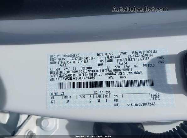 1FT7W2BA3SEC71459 2025 FORD F-250 White Вид підкапотного простору