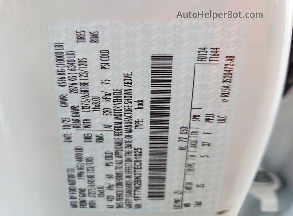 1FT7W2BN3TEC81025 2026 FORD F250 White Widok naklejki z numerem VIN