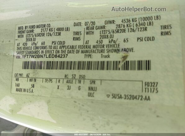 1FT7W2BN7LED84237 2020 FORD F-250 White Vista del compartimento del motor