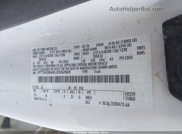 1FT7W2BN9LED02928 2020 FORD F-250 White Engine compartment view